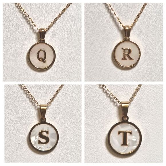 SHELL INITIAL PENDANT NECKLACE stainless steel gold plated Q R S or T - Picture 1 of 13